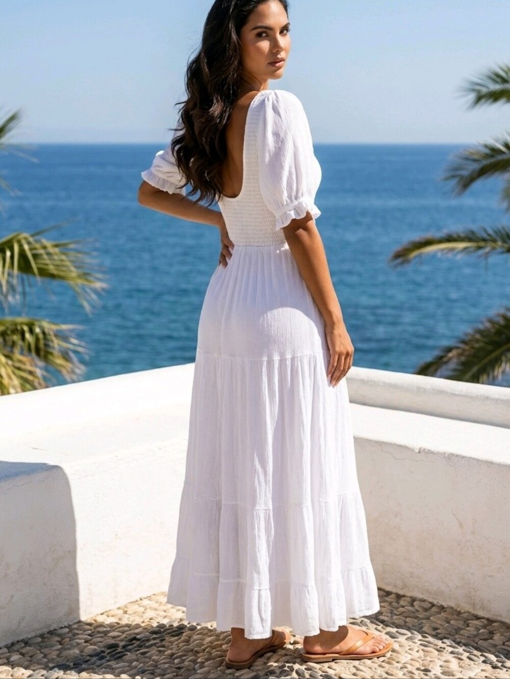 Carly Jean Los Angeles White 100% Cotton Cottagecore Puff-Sleeve Maxi Dress